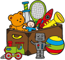 cartoon toy box, with teddybear, tennis racket, robot, trumpet, sword, rocket ship, train and ball in and surrounding.